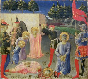 Ścięcie św. Kosmy i św. Damiana, z predelli ołtarza Annalena, ok. 1434 (tempera na desce) autorstwa Fra Angelico