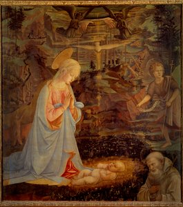 Dziewica, Dzieciątko Jezus, św. Jan Chrzciciel i św. Bernard z Clairvaux (San Bernardo di Chiaravalle) (1090 - 1153) Ten ostatni był założycielem Zakonu Cystersów i pierwszym patronem Zakonu Templariuszy. Detreme na w autorstwa Fra Filippo Lippi
