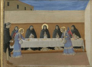 Aniołowie podają braciom obiad. Poliptyk Cortona z predelli, ok. 1437. autorstwa Fra Giovanni Angelico da Fiesole