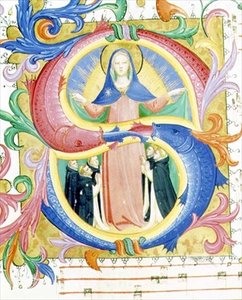 Mszał 558 f.156v Historyczny inicjał „S” przedstawiający Dziewicę ukrywającą błagalników pod płaszczem, ok. 1429-30 (welum) autorstwa Fra and Strozzi Zanobi di Benedetto Angelico