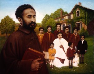 Haile Selassie in Exile, 1987 (olej i tempera na panelu) autorstwa Frances Broomfield