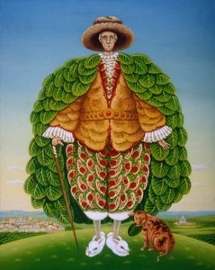 Nowe szaty (Ivor Cutler jako postać w wierszu Edwarda Leara), 1994 (oleje i tempera na panelu) autorstwa Frances Broomfield