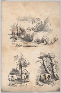 Winieta z dwiema owcami, Winieta z dwiema krowami w sadzawce i Winieta zbieracza drewna..., 1847.