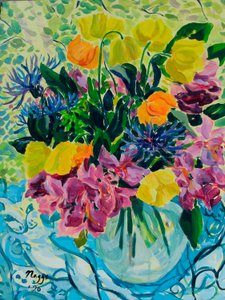 Wiosenny bukiet (rododendron i mak walijski), 2020 (akryl na płótnie)