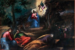Modlitwa w ogrodzie drzew oliwnych Po prawej Judasz z żołnierzami przybywa, aby zatrzymać Jezusa Chrystusa. Obraz Francesco Bassano młodego (ok. 1549-1592) Wenecja, Chiesa del Redentore, Włochy autorstwa Francesco Bassano