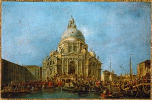 Doża odwiedza La Salute 21 listopada, w dniu upamiętniającym koniec zarazy z 1630 r. ... autorstwa Francesco (circle of) Guardi