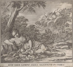 Latona i jej śpiące bliźniaki, Apollo i Diana, w krajobrazie, 1705. autorstwa Francesco Antonio Meloni