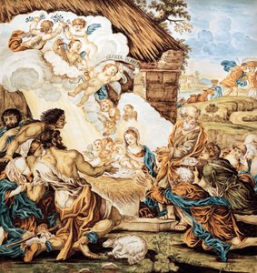 Szopka, malowana płyta z majoliki, Francesco Antonio Xaverio Grue (1686-1746), manufaktura Abruzzo Castelli, Włochy autorstwa Francesco Antonio Xaverio Grue