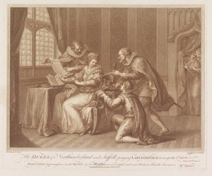 Książęta Northumberland i Suffolk proszą lady Jane Gray o przyjęcie korony Książęta Northumberland i Suffolk modlą się do Lady Jane Gray o przyjęcie korony (tytuł na obiekcie) autorstwa Francesco Bartolozzi