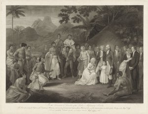 Kapitein James Wilson op het eiland Otaheité Cesja Matavai (na Tahiti) kapitanowi Jamesowi Wilson Cesja dystryktu Matavai na wyspie Otaheite kapitanowi Jamesowi Wilsonowi na użytek misjonarzy wysłanych tam przez to stowarzyszenie autorstwa Francesco Bartolozzi
