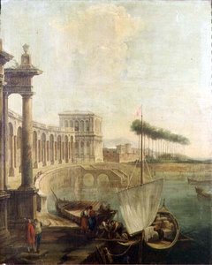 Capriccio, port z figurami ładującymi prom