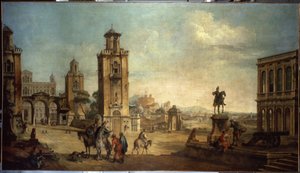 „Scena uliczna w mieście, duży plac z pomnikami” (Widok miasta) Obraz Francesco Battaglioli (wew. venit.) (1722-1790) XVIII-wieczne Muzeum Ermitażu, Sankt Petersburg