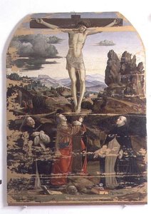 Ukrzyżowanie ze św. Dominikiem, św. Marią Magdaleną i św. Piotrem Męczennikiem (panel) autorstwa Francesco Bianchi Ferrari