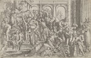Św. Roch po lewej rozdając jałmużnę grupie ludzi zgromadzonych wokół niego po... 1590-1600.