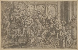 Św. Roch po lewej rozdając jałmużnę grupie ludzi zgromadzonych wokół niego, po A..., ca. 1607.