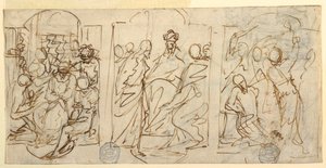 Rysunek, Trzy etapy Męki Pańskiej: Szyderstwo, Chrystus przed Piłatem, Biczowanie, ok. 1848 r. autorstwa Francesco Coghetti