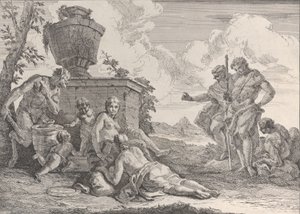 Satyr z maczugą i siedmioma figurami, z bakanali i historii, 1744. autorstwa Francesco Fontebasso