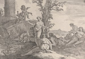 Sześć nimf i dwa putta z Bacchanals i Histories, 1744. autorstwa Francesco Fontebasso