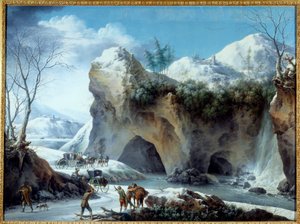 Śnieżni Widzowie tną drewno, pracowitość za chwilę wejdzie do tunelu. Obraz Francesco Foschiego (czynny w latach 1750-1805) XVIII w. Słońce. 1,02x1,36 m Grenoble, Musee des Beaux Arts