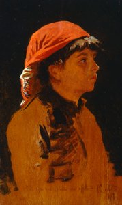 Czerwony szal Francesco Gioli (1846-1922), olej na desce, 28x17 cm