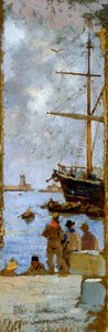 Widok portu Livorno, Francesco Gioli (1846-1922), olej na płótnie przeniesiony na karton, 38x12 cm