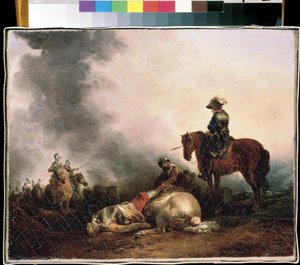 ""Po bitwie"" (Po bitwie) Alegoria wojny, wojownik zabija. Obraz Francesco Giuseppe Casanova (1727-1802) Muzeum Sztuki Michaiła Kroszyckiego, Sewastopol (Sewastopol) Ukraina