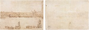 Procesja Triumfalnych Samochodów na Placu św. Marka w Wenecji z okazji wizyty Conti del Nord (recto) Trzy szkice łuków (verso) autorstwa Francesco Guardi