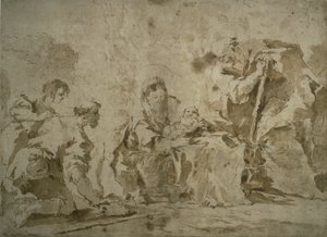 Adoracja pasterzy (recto); Trzy szkice: Budynki nad kanałem z łodziami, Krajobraz z budynkami na zboczu wzgórza, Budynki z portykiem (verso) autorstwa Francesco Guardi