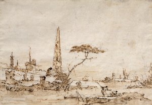 Capriccio obok laguny weneckiej z obeliskiem i lwem poza murami ufortyfikowanego miasta (pióro i atrament) autorstwa Francesco Guardi