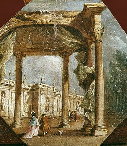 Capriccio szaleństwa z elegancką parą i psem (olej na panelu) autorstwa Francesco Guardi