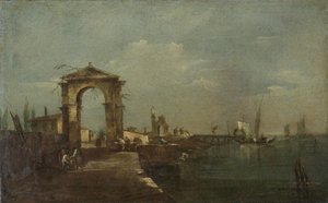 Krajobraz z nabrzeżem i statkami na jeziorze autorstwa Francesco Guardi