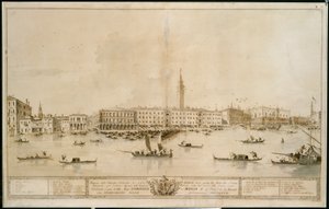 Panorama Wenecji od strony Bacino di San Marco, wraz z projektem planowanego Teatro Manin autorstwa Francesco Guardi