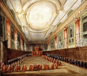 Papież Pius VI (1717-99) i Doge Paolo Renier w kościele św. Giovanni i Paolo (olej na płótnie) autorstwa Francesco Guardi