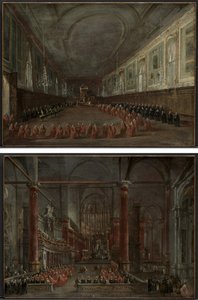 Papież Pius VI zstępujący z tronu, aby pożegnać się z dożami w Sali SS. Giovanni e Paolo, 1782 i Ceremonia Papieska w SS. Giovanni e Paolo, Wenecja, 1782 (para) autorstwa Francesco Guardi