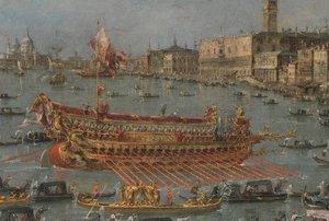 Festiwal Bucintoro w Wenecji. Bacino di S. Marco z Bucintoro, Barką Państwową Dożów, w dniu Wniebowstąpienia (detal), 1780-93 autorstwa Francesco Guardi