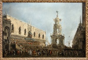 Doża Wenecji uczestniczy w czwartkowych świętach Gras na Piazzetta di San Marco, Doża jest po lewej stronie, pod centralną arkadą Pałacu Dożów, obok efemerycznego pomnika wzniesionego na Piazzetta, stoi ludzka piramida z zawodów gimnastycznych