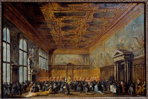 Audiencja udzielona przez dożę weneckiego (prawdopodobnie Alvise IV Mocnego (1701-1778)) w auli Kolegium Pałacu Książęcego w Wenecji Obraz Francesco Guardi (1712-1793) 1766-1770 nd. 0,67 x 1,01 m² autorstwa Francesco Guardi