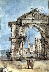 Łuk Triumfalny na nabrzeżu (pióro i brązowy tusz, wash, akwarela, podkreślony bielą) autorstwa Francesco Guardi