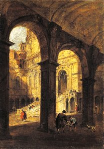 Widok na dziedziniec Palazzo Ducale i Schody Olbrzyma (Scala dei Giganti) w Wenecji, ok. 1780, autorstwa Francesco Guardi (1712-1793), olej na płótnie, 26x39 cm. autorstwa Francesco Guardi