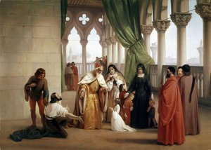 Dwóch Foscari: Francesco Foscari, Doża Wenecji wygnający swojego syna Jacopo pod zarzutem zdrady w korespondencji na wygnaniu (olej na płótnie, ok. 1852) autorstwa Francesco Hayez