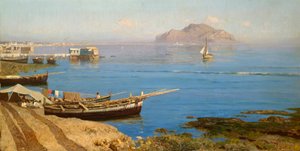 Marina z łodzią i rybakami, Francesco Lojacono (1838-1915), olej na płótnie, 61x118 cm autorstwa Francesco Lojacono