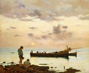 Marina z łodzią rybacką i chłopcami, Francesco Lojacono (1838-1915), olej na płótnie, 64x77 cm autorstwa Francesco Lojacono