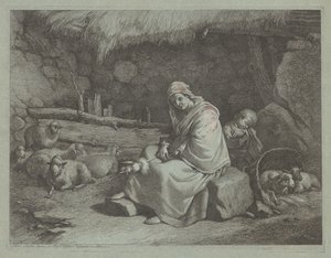 Wnętrze stajni z siedzącą przędzarką i śpiącym dzieckiem, 17591782. autorstwa Francesco Londonio
