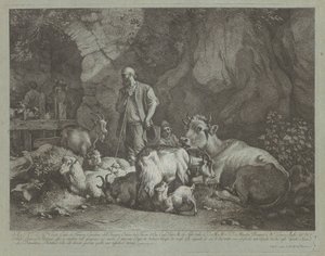 Stary, łysy pasterz, siedzący pasterz i stado, po 1766 r. autorstwa Francesco Londonio