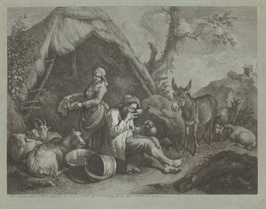Siedzący staruszek i kobieta z koszem jajek, 17591782. autorstwa Francesco Londonio