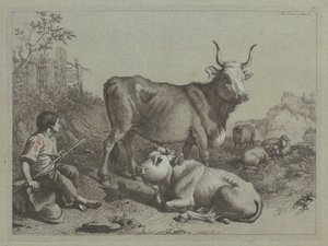 Siedzący pasterz z bykiem i bykiem, 1763. autorstwa Francesco Londonio
