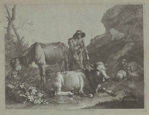 Pasterz odpoczywający na lasce ze starym koniem i leżącym bykiem, po 1767 r. autorstwa Francesco Londonio