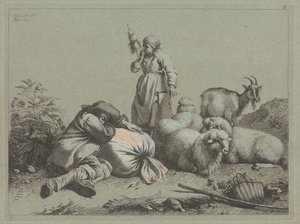 Śpiący chłop i stojący prządka, 1763. autorstwa Francesco Londonio
