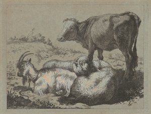 Stojący wół, dwie owce i koza, ok. godz. 1762. autorstwa Francesco Londonio