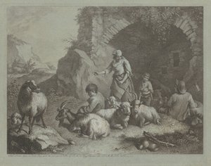 Kobieta, pasterze i owce w pobliżu łuku, 17591782. autorstwa Francesco Londonio
